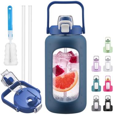 Imagem de HYDRAGLAZIC Parafusos de água de vidro de 2,041 g com canudo, bico e tampa 2 em 1, garrafa de água de meio galão com marcador de tempo e manga de silicone, garrafa de água esportiva sem BPA para