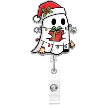Imagem de Carretel de crachá de Natal, crachá de acrílico de fantasma fofo para crachá de identificação, chapéu de Natal, fantasma, telescópico, retrátil, clipe de jacaré, acessórios para enfermeiras