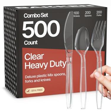 Imagem de Bakken Conjunto de talheres descartáveis 500 peças de garfos, facas e colheres, talheres de plástico resistente, materiais de grau alimentício sem BPA, resistentes ao calor, utensílios reutilizáveis