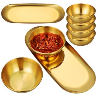 Imagem de AUTSUPPL Conjunto de tigela de molho de aço inoxidável dourado e bandeja decorativa com 6 tigelas de imersão com 2 travessas ovais para temperos de sushi e aperitivos