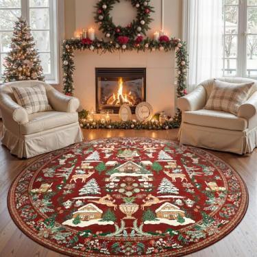 Imagem de jinchan Tapete redondo de Natal para sala de jantar 2,1 m círculo marrom tapete de férias para sala de estar estampado árvore de Natal e cabine, tapete interno macio para quarto, lavável