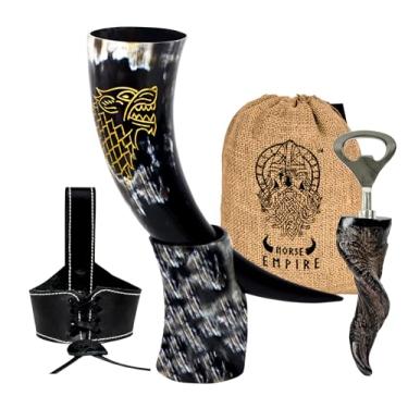 Imagem de NORSE EMPIRE Conjunto de buzina Viking genuína de 85 a 340 g Chifre clássico exclusivo e 100% autêntico Chifre de boi feito à mão, seguro para alimentos, canecas de brilho natural, presente para