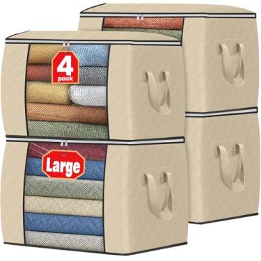 Imagem de Fab totes Armazenamento de roupas 90L, sacos de armazenamento dobráveis de tecido grosso, recipientes para organizar quarto, armário, roupas, edredom, organização com alça (pacote com 4, bege)