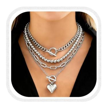 Imagem de YMCQYCY Colares de camadas grossas para mulheres, conjunto de colar de corrente empilhável com pingente de moeda e coração, joia moderna para uso diário e presente, Medium, Liga de aço, Sem Pedra