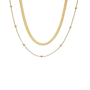 Imagem de LILOLILO Colar feminino de camada dupla, espinha de peixe delicada e corrente de cobra, banhado a ouro 14 K, joias empilháveis hipoalergênicas, adjustable, Latão, Sem Pedra Preciosa