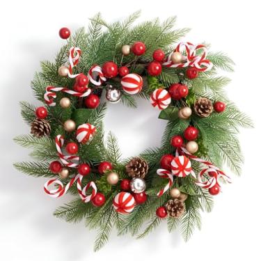 Imagem de WDS WONDROUS Guirlanda de Natal, guirlanda de porta de 61 cm com bengalas doces, pinhas e bagas para varanda frontal, jardim, decoração de parede interna e externa