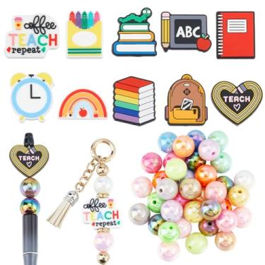 Imagem de SUNNYCLUE 1 caixa, 50 peças, 11 estilos, contas de silicone temáticas escolares, contas focais de silicone, palavras sortidas, relógio, mochila escolar, giz de cera, papelaria, arco-íris, espaçadores