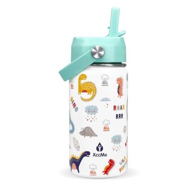 Imagem de XccMe Garrafa de água infantil de dinossauro com tampa de palha, garrafa de viagem de aço inoxidável de 400 ml, copo infantil à prova de vazamento de parede dupla, copo isolado para crianças, copo de