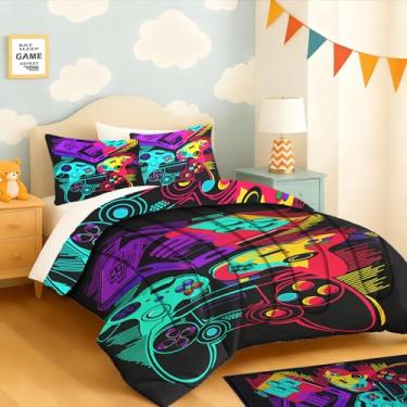 Imagem de yompray Jogo de cama com controle de jogo, macio, leve, fofo, para crianças, adolescentes, jogos, decoração de quarto, tamanho casal, 3 peças (1 edredom + 2 fronhas)