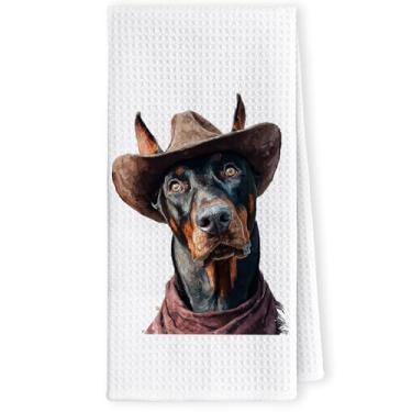 Imagem de LKETW Toalhas de cozinha engraçadas Western Doberman Pinscher - Presentes Doberman para mulheres, toalha de mão para banheiro, presentes para amantes de cães, toalha de chá de mão de cachorro caubói