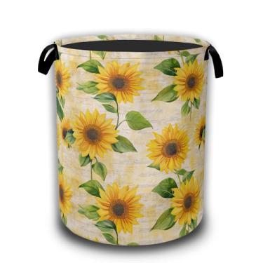 Imagem de Cesto de lavanderia vintage de girassóis, cestos de lavanderia dobráveis florais amarelos à prova d'água, pano Oxford com alças, balde de armazenamento de roupas, organizador de brinquedos para