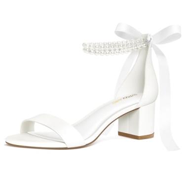 Imagem de PIZZ ANNU Sandália feminina de salto grosso de bloco baixo, confortável, bico aberto, tira no tornozelo, vestido de festa, sapatos de salto alto com fivela de tiras com design de salto grosso de 5 cm