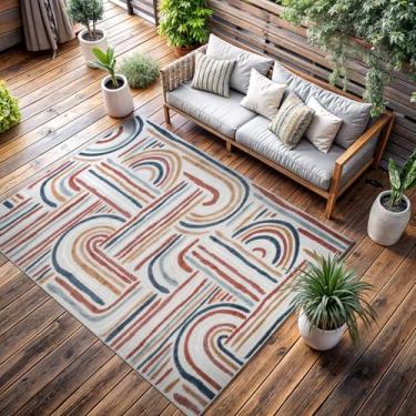 Imagem de CAMILSON Tapete para ambientes internos e externos, multicolorido, 20 x 25 cm, arco geométrico, listrado, tapete para pátio e casa, sala de estar, jardim e deck lavável (20 x 25)