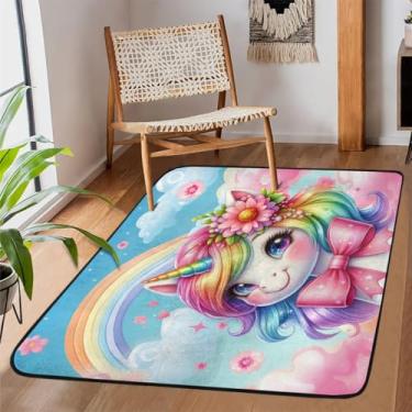 Imagem de Tapete de área para sala de estar, lavável à máquina, unicórnio, colorido, antiderrapante, macio, para sala de estar, quarto, sala de jantar, berçário, cozinha, decoração de casa