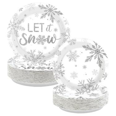 Imagem de 100 peças de artigos de festa de floco de neve de Natal, pratos de papel Let It Snow, 22,8 cm, 18 cm, descartáveis, para inverno, floco de neve, pratos temáticos do país das maravilhas para decoração