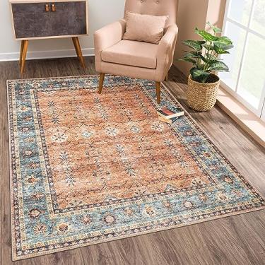 Imagem de Bloom Rugs Tapete lavável antiderrapante 1,8 m x 2,5 m - Laranja/azul-petróleo, tapete de área com bordas tradicionais para sala de estar, quarto, sala de jantar e cozinha - Tamanho exato: 1,8 x 2,5 m