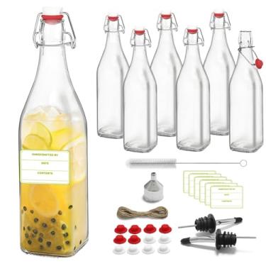 Imagem de Pacote com 6 [1 litro / 975.9 ml] Garrafas de vidro com tampa giratória hermética para Kombucha, cerveja, vinho, kefir, refrigerante, licor - Inclui funil, 2 dosadores, 12 selos, 6 etiquetas e