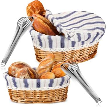 Imagem de Ziliny 2 conjuntos de cesta de pão de vime de 28 cm e 30 cm para servir cesta de pão redonda com forro removível para armazenamento de frutas para o Dia de Ação de Graças (natural com capa de listras