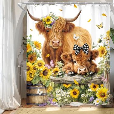 Imagem de Cinbloo Cortina de chuveiro rústica Highland Cow 60Wx72H Farmhouse Bull Sunflower Western Country Animal Gado Floral Folhas Planta Borboleta Conjunto de Cortina de Banheiro Farm Bath Acessórios