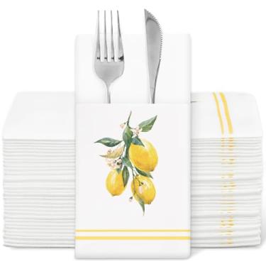 Imagem de FYSUIMU 50 peças de guardanapo de linho floral limão com bolso embutido para talheres guardanapos de papel descartáveis guardanapos de jantar dobrados para chá de bebê de verão suprimentos de mesa de