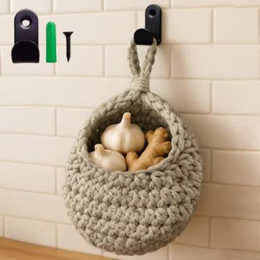 Imagem de 4 peças de cesta de frutas pendurada para cozinha com conjunto de ganchos – 14 cm × 21 cm × 0,20 cm, decoração boho, pendurar na parede, cestas de batata vegetais, para armazenamento doméstico de
