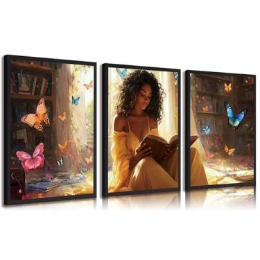 Imagem de 3 peças de arte de parede em tela de leitura de menina negra livro colorido borboletas pôsteres impressões de menina afro-americana decoração de parede fotos para sala de estar quarto estudo sala de