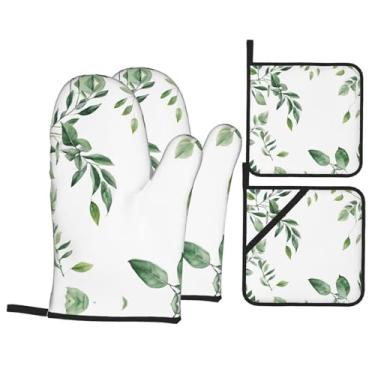 Imagem de Folhas de eucalipto - Conjunto de luvas de cozinha estampadas com suportes de tampa, luvas de forno resistentes ao calor para manusear panelas quentes, grelhar, churrascos, kit de 4 peças.
