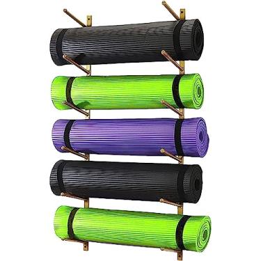 Imagem de OKPJFHS Organizador de suporte de parede para tapete de ioga, suporte de exibição de armazenamento de metal para rolo de espuma/toalha de banheiro/skate (dourado