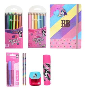 Imagem de Kit Papelaria Rebecca Bonbon Com Caderno Lápis Pastel e Neon Grifa Tex