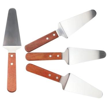 Imagem de 4 unidades de servidores de pizza de aço inoxidável com cabo de madeira, espátula triangular para bolo, sobremesa, torta, torta e pizza, servidor de pizza