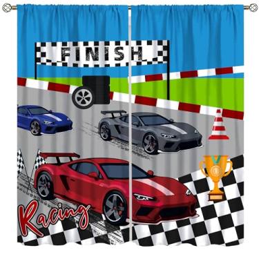 Imagem de wlsgdsg Cortinas de carro de desenho animado legal 3D pista de corrida preto e branco bandeira de corrida troféu competição janelas tratamentos para crianças, meninos, berçário, sala de estar, quarto