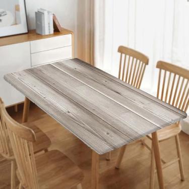 Imagem de Toalha de mesa retangular de grão de madeira, toalha de mesa cinza de madeira com borda elástica, panos de poliéster impermeáveis para piquenique de fazenda, para mesas retangulares de 121 x 61 cm