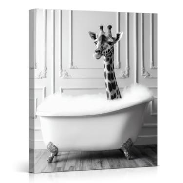 Imagem de Girafa engraçada na banheira impressão de arte de parede preto e branco animal banheiro imagem moderna girafa decoração de parede para banheiro tela emoldurada 20x25
