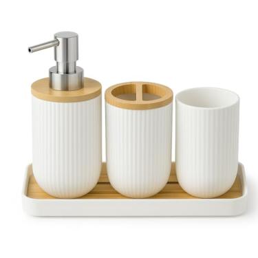 Imagem de Porta Sabonete Líquido Kit Banheiro 4 Peças Escova e Organizador com Bandeja Bambu