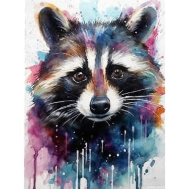 Imagem de UPABLUNSO Kits de arte de diamante de perfuração completa, kits de arte em aquarela de guaxinim, tinta roxa em branco escuro e turquesa, respingos de tinta pingente, pintura artística de diamante 30,5