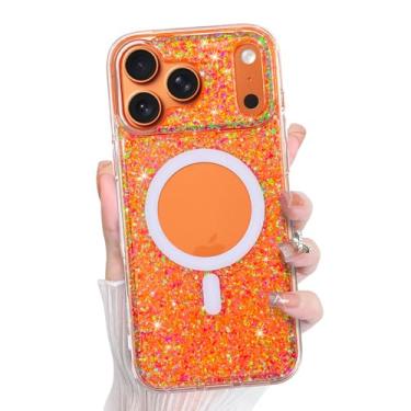 Imagem de Bonoma Capa para iPhone 17 Pro Max 2025 com glitter brilhante na parte de trás, suporte magnético para MagSafe à prova de choque, cristal e proteção de alta qualidade para meninas e mulheres - laranja