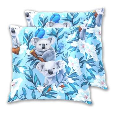Imagem de Joitme Conjunto de 2 capas de almofada fofas flores brancas coalas azuis, capas de almofada de sofá fofas para sala de estar, 40,6 x 40,6 cm, 2 peças