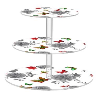 Imagem de Flores variadas borboletas cinzas para chá e cupcake com 3 níveis de acrílico para torre de bolo, organizador de decoração de festa de chá, suporte de comida para chá de bebê