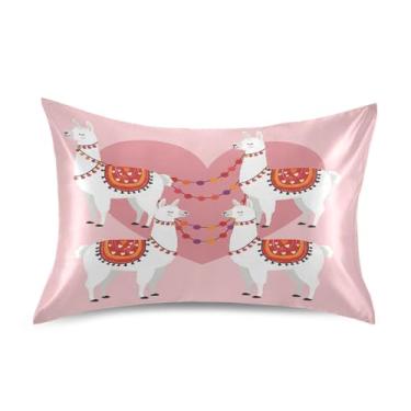 Imagem de Wassud Linda fronha de cetim Lhamas Dia dos Namorados para cabelo e pele fronhas de seda lisa tamanho padrão capas de travesseiro respiráveis com fecho de envelope