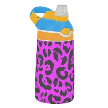 Imagem de Garrafa de água roxa com estampa de leopardo rosa infantil 473 ml Tritan à prova de vazamento com tampa de canudo copo infantil portátil de 473 ml, reutilizável, alça de transporte