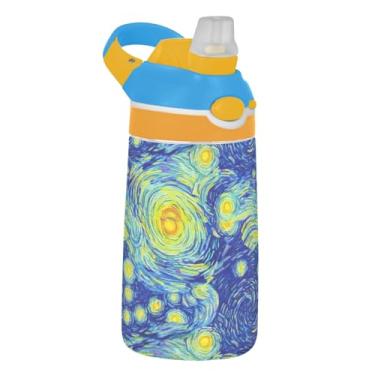 Imagem de Garrafa de água infantil Swirling Sky Stars Blue 473 ml Tritan garrafa de água de plástico portátil com tampa de canudo 473 ml copo infantil à prova de vazamento reutilizável, alça de transporte