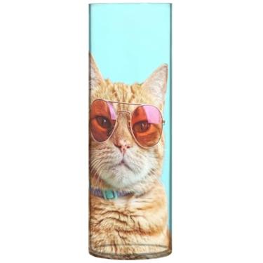 Imagem de Gato em óculos de sol em vasos de flores cilíndricos azuis para buquê vaso de flores alto personalizado impressão de plástico decoração de casa sala de estar, 30 cm x 9,9 cm