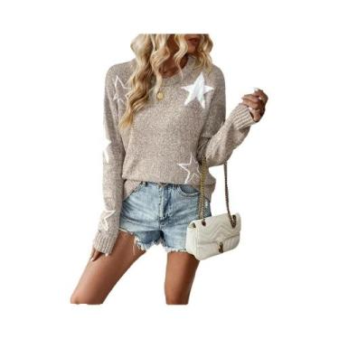 Imagem de Padrão estrela de cinco pontas feminino malha camisola, gola redonda s