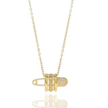 Imagem de Colar com pingente de segurança banhado a ouro 18K com enfeites de zircônia cúbica, colar de corrente, Large, Latão, Sem Pedra Preciosa