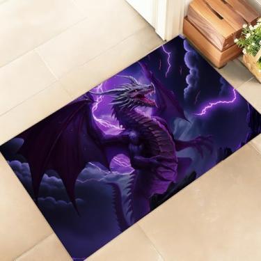 Imagem de amepay Tapete de porta interior dragão roxo feroz – Capacho elegante de tecido não tecido de 43 x 75 cm com design Thunderous Lightning, capacho de animal, para varanda, quarto, sala de estar, tapete