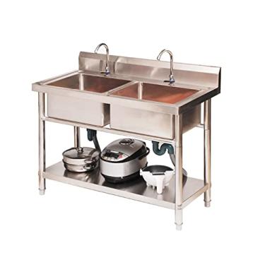 Imagem de Pia de cozinha, pia de cozinha de estação de trabalho de tigela dupla, pia de cozinha de aço inoxidável, pias de cozinha de tigela dupla, com torneira fria e quente, prateleiras de armazenamento (100