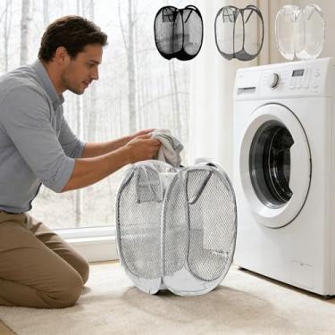 Imagem de Cesto de roupa suja dobrável, design de rede pop-up, alças portáteis, armazenamento monocromático dobrável para banheiro, quarto, viagens