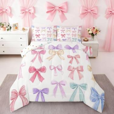 Imagem de Conjunto de cama com laço colorido para meninas, com laço colorido, para mulheres, meninas, borboleta, nó de fita, edredom adorável estilo princesa sonhadora, linda colcha de gravata borboleta