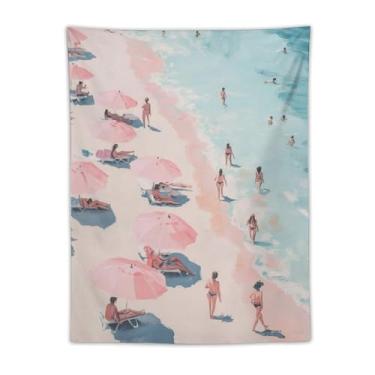 Imagem de Guarda-chuva rosa ocupado tapeçaria de praia banhistas oceano costa cena vibrante pintura a óleo estilo pendurado na parede decoração de casa costeira para quarto sala de estar ambiente de verão