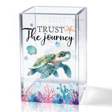 Imagem de QYUVK Porta-lápis de acrílico Trust The Journey, presentes inspiradores para colegas de trabalho, porta-canetas engraçadas de tartaruga marinha para mulheres e meninas, copo de lápis para mesa